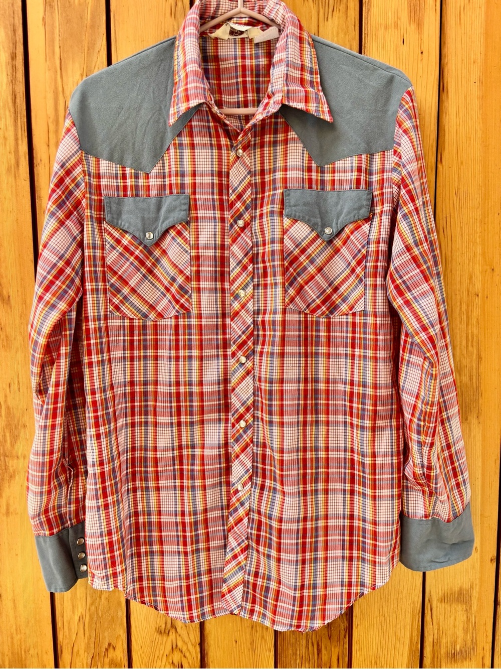 Vintage Wrangler Bronco Western Pearl Snap Shirt Plaid Gray Yoke Medium Canada
